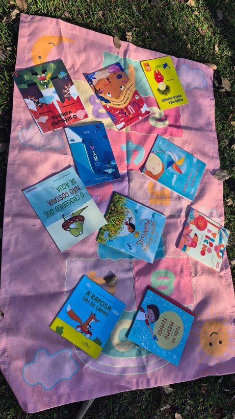 Livros infantis espalhados sobre um tapete cor-de-rosa na grama